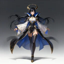 beautiful and cool female dark magician, wide angle view, black, white, gold, blue colors, shiny, highly detailed, artgerm, cushart krenz, artstation, soft light, sharp focus, illustration, character design, concept art