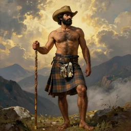 a dramatic epic beautiful painting of a shirtless desi man | he has a lot of body hair and very thick legs | he is wearing a plaid kilt and cowboy hat, and holding a walking stick | background is mountains and clouds | dramatic lighting, golden hour, homoerotic | by mark maggiori and walter crane | trending on artstation