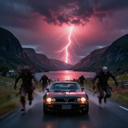 nightmarish creatures rushing towards car, black pontiac firebird trans - am driving towards the camera, norway mountains, red glow in sky, valley, large lake, dynamic, cinematic, motionblur, volumetric lighting, wide shot, low angle, large lightning storm, thunder storm