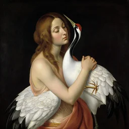 beautiful woman embracing a crane at night. painting by botticelli, audubon, utamaro