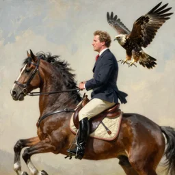 stephen colbert riding a war horse and hawk on shoulder painting by leonid afremov