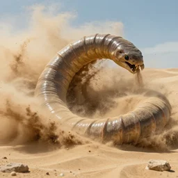 gigantic sandworm busting out of the sand, realistic movie still, 4 k, sand is flying around