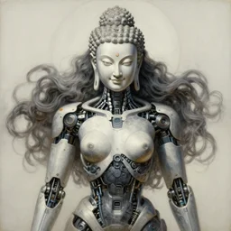 perfectly centered portrait, front view of a beautiful biomechanical fractal robot buddha, female, flowing hair, intense stare, sarcastic smile, symmetrical, concept art, intricate detail, volumetric shadows and lighting, realistic oil painting by alex grey and gustave dore,
