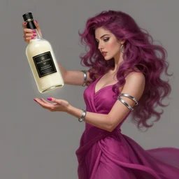 a beautiful years old chatain hair woman in a magenta long dress with silver rings and pink nails \ she makes levitate a precious bottle of the main ingredient company filled with ivory white liquid and a black sticker on it. fantasy, intricate, elegant, highly detailed, digital painting, artstation, concept art, matte, illustration, artger, greg rutkowski, epic fantasy