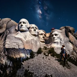 by johan grenier and sergey grechanyuk, visually stunning, cinematic, ultra realistic, hyper realism, 1 2 k, epic, octane render, unreal engine, vfx, maya, a double merge pour : wyatt earp and doc holliday, mount rushmore national memorial : rocky mountains, clear night sky stars and galaxies : great vast sky