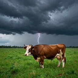 a cow on lush green field on a raing day, thunderstorm, dense dark clouds, night