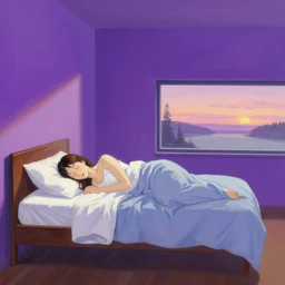 a woman sleeps in levitation above her bed vibrant by akihiko yoshida and edward hopper, purple gradient