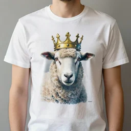 a man wearing a t - shirt with a picture of a sheep wearing a crown, a screenprint by constant, reddit contest winner, naturalism, dye - transfer, lowbrow, clean