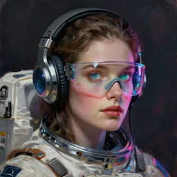neon cyberpunk programmer with glowing geordi visor over eyes and sleek headphones headshot muted colors portrait painting by donato giancola, dean cornwall, rhads, tom whalen, conrad roset astronaut fashion photography