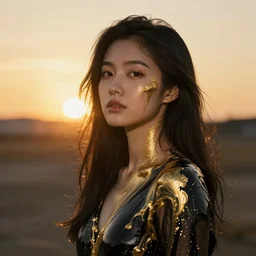 asian girl, liquid golden and black fluid, magic hour, dramatic light, marblic fluid mix