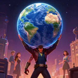 dr manhattan as atlas holding the planet earth on his back by ralph horsley, rossdraws, ilvya kuvshinov, highly detailed illustration, pixar, maya, engine, artstation