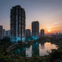 a beautiful hyperdetailed highly detailed city urbex unfinished building abandoned building highlands by georgia o'keeffe, laser retro lake tokyo hyperrealism alien at night myst morning sun reclaimed by nature darkacademia san andreas sunset, archdaily, wallpaper, highly detailed, trending on artstation.