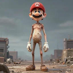lanky, skinny, tall, exaggerated caricature of super mario, gritty, extreme proportions