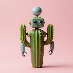 a 1950s retro 3D Cactus robot, with space above the head. Bionic cacti Arms and eyes. subject in shot pop surrealism muted colours. pink background. by Jean-Baptiste Monge, wide shot, depth of field