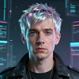 A portrait of Thom Yorke as a cyberpunk, iridescent highlights, background of digital greebles, highly detailed, intricate, soft, sci-fi, sharp focus, glowing lines, art by Ruan Jia