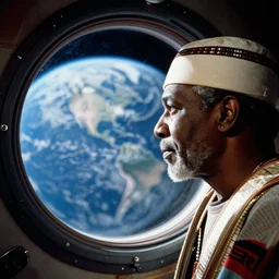 analogue photo of an African tribal chief inside the orbiter of a space shuttle, looking at porthole window, planet earth seen from porthole window, close-up, colour, photo shot by martha cooper, 35mm,