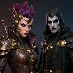 a pyromancer and a necromancer standing together, steampunk, detailed face, sharp focus, highly detailed, cinematic lighting, studio quality, colorful, smooth render, unreal engine 5 rendered, octane, rendered, by artgerm, greg rutkowski, alphonse mucha