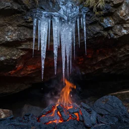 An icicle dripping lava in a fire cave.
