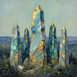 labradorite towers in the evermoon valley. gouache and gold leaf by the award - winning concept artist