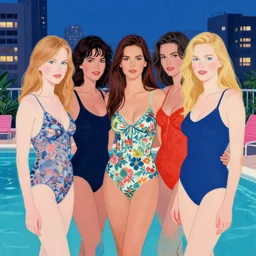 portrait of mix of beautiful young maria shriver, mariel hemmingway, brooke shields, nicole kidman and elle macpherson in a swimsuit, summer night, city apartment roof top pool, very coherent and colorful high contrast art, art by simon stalenhag, james gilleard, floralpunk screen printing woodblock, pastel color, hard lightings