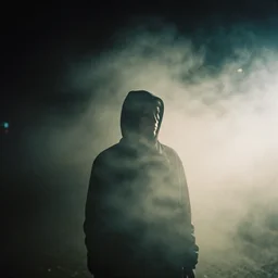 film photograph of vagrant at night volumetric fog