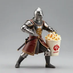 still medium shot, figurine of medieval knight eating popcorn, dynamic pose, personification, detailed product photo, featured on amiami, 8 k, 8 5 mm, f. 1 4, beautiful composition,