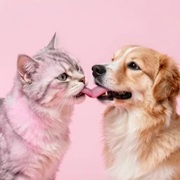 cat and dog licking each other, cute drawing, concept art, trending on Artstation, long tongue, (pink colors), trending on Twitter, trending on Instagram, realistic, very beautiful fur, perfect animal