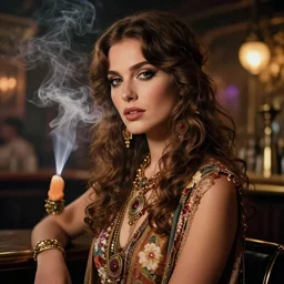 sophisticated portrait of beautiful woman, 1 9 8 0 s flower power hippy, very smoky cyberpunk paris bar, elegance, highly detailed, shallow depth of field, artstation, artgerm, donato giancola and joseph christian leyendecker