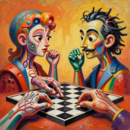 an extremely high quality hd surrealism warm painting of a 4 d perspective neon complimentary - colors cartoon surrealism melting sculpture composition of zaha hadid biological anatomical chess hands by a much more skilled version of kandinskypicasso and salvia dali the fourth, salvador dali's much much much much more talented painter cousin, 8 k, ultra realistic, nerves, veins, arteries, 4 k
