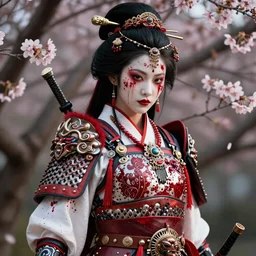 bloody geisha warrior ornated armor war paint, detailed, jewelry, sakura,photograph, award wining, red and white, trending on artstation, punk attitude, 4k, unreal engine 5, octane render, neon highlights