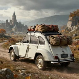 offroad citroen 2 cv ( 1 9 6 5 ) driving across the rift, daedric longsword attached to the side, leather and cloth traveller bags on roof, riften city in the background, epic fantasy, autumn, the elder scrolls v : skyrim, dramatic lighting, establishing shot, by simon stalenhag