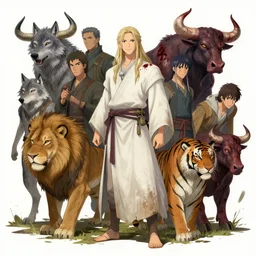 high intricate full shot of a anthropomorphic druid in a white rustic robe, lion, tiger, wolf, bull, demon, covered in blood, maria panfilova, andrea savchenko, mike kime, ludovic plouffe, qi sheng luo, oliver cook, makoto shinkai, trending on artstation