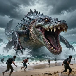 a gigantic ultra-detailed  scary monster that looks like an angler-fish with extremities  like crocodile ,wet and slimy with a very large mouth,  is coming out of the sea on a beach, there are people fleeing in terror, photo-realistic, stormy sky, photo by national geographic