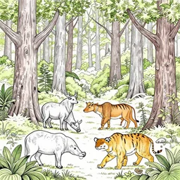 coloring picture of a forest with lots of animals.
