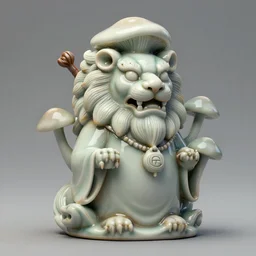zbrush sculpture of a tiny porcelain sentient shamanic mushroom creature with the face of a lion