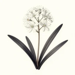 botanical illustration of a white thin flower and dark long leaves