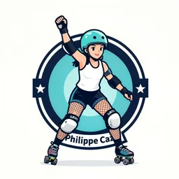 roller derby girl portrait, logo, wearing skating helmet, wearing torn fishnet tights, showing victory, Philippe Caza, 2 colour print