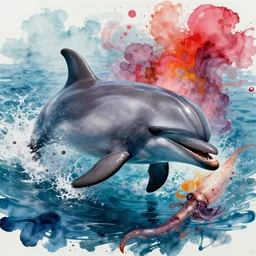 vigilante dolphin in a righteous but brutally violent war against human swimmers. cinematic violent battle scene colorful ink blot made with squid ink, mixed media, hyper - realistic 1 0 0 mm f 1. 8, extremly lifelike. lush and highly detailed. sharp focus, award - winning vfx cgi, octane render, artstation.