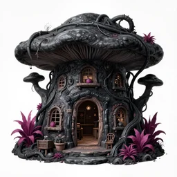 concept art painting of a interior of a fungal cozy alien fantasy cottage, with black vines and magenta plants, realistic, detailed, cel shaded, dark, in the style of makoto shinkai and greg rutkowski and james gurney