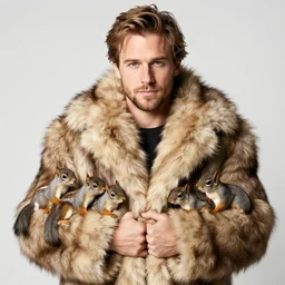 Brad Pit wearing a fur coat made from many squirrels