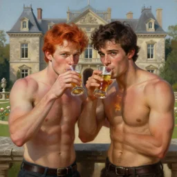 attractive muscular mike with ginger hair with attractive tyler with brunet hair, drinking their hearts out, in their noble mansion. image defined to the maximum and highly detailed painting by gaston bussiere, craig mullins 8 k