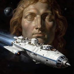 a spaceship goes in the outer space with a colossal god face on the background, in the style of michelangelo buonarroti, classical paint