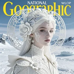 Hyperrealistic beautiful sexy ethereal national geographic magazine cover white north pole girl portrait, art nouveau, fantasy, intricate flower designs, elegant, highly detailed, sharp focus, art by Artgerm and Greg Rutkowski and WLOP