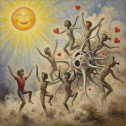 dust evolving into complex neural networks. hapy dancing characters, hearts, ( ( ( sun ) ) ), stunning, award - winning masterpiece by marc simonetti and jeffrey smith, oil on canvas, by moebius and basquiat