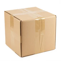 broken and damaged cardboard box, wrapped in fragile tape, image white background