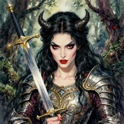 highly detailed watercolor, sly evil female fairy, beautiful face by leyendecker, sword, fantasy ornate armor, long black hair, red eyes, evil forest, nostalgia for a fairytale, magic realism, vivid colors, by charles vess, anato finnstark, cinematic lighting