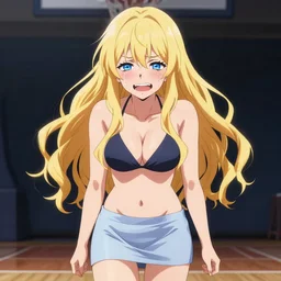 a very beautiful young anime basketball girl crying, full body, long wavy blond hair, sky blue eyes, full round face, evil grin, bikini, miniskirt, front view, mid - shot, highly detailed, cinematic wallpaper by stanley artgerm lau