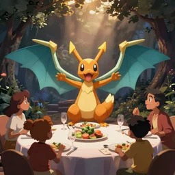 alakazam eating dinner at a table happiness is temporary by greg rutkowski