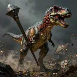 Dinosaur holding a large weapon of war, illustrated by Greg Rutkowski and Gaston Bussiere, serious lighting, dramatic amtosphere, war-art style, photorealistic imagery, trending on artstation, 4k, 8k