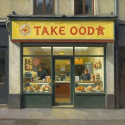 a take away food shop front, detailed painting, epic lighting, by ilya repin, phil hale and kent williams